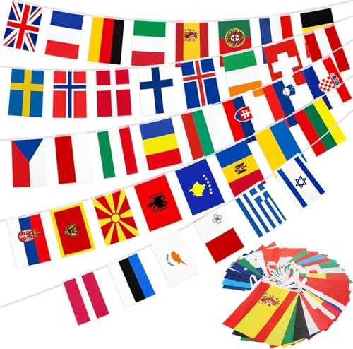 48 Länderflaggen Wimpelkette für WM 2026 Fußball Deko, World Cup Decorations 2026，Weltmeisterschaft 2026 Klein Flaggen der Welt Girlande Beidseitig Stoff für Deko Eurovision Party (14 x 21 cm - 15m)