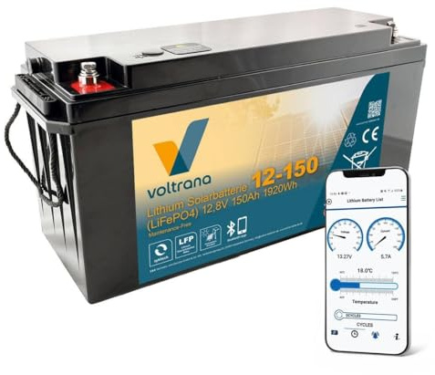 Lithium Solarbatterie 12,8V 150Ah 1920Wh M8 mit Bluetooth & Heizung – Voltrana LiFePO4 Versorgungsbatterie