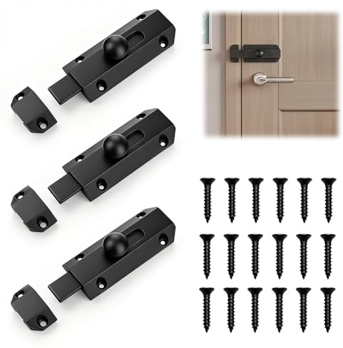 Guttiuaa 3Pcs Door Lock Bolt, 3.6in Black Brass Slide Barrel Heavy Duty Doors Bolts Latch with 18 Screws for Bedroom Bathroom Garden