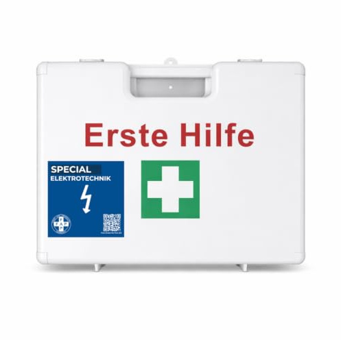 FAP Erste-Hilfe-Koffer Elektrotechnik DIN 13157 gefüllt - Weiß | Beatmungstuch & Augenspülung | Elektriker Elektro Stromunfall Betrieb ABS Kunststoff, Betriebsverbandkasten Wandhalterung -33×42×15 cm