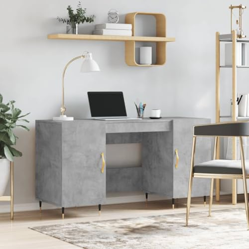 Kaloriko Schreibtisch Betongrau Holzwerkstoff 140x50x75 cm mit 4 Fächern Türen und Aluminiumgriff Stabiler Büro PC Laptop Arbeitsplatz Home Office ergonomisch