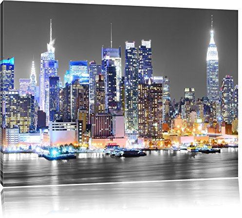 Pixxprint New Yorker Skyline bei Nacht B&W, Größe: 100x70cm, Leinwandbild, fertig gespannt, Wandbild, Dekoration, Kunstdruck, kein Poster