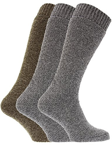 Mens Thermal Wool Blend Long Wellington Boot Socks (Pack Of 3) (UK Shoe 6-11, EUR 39-45) (Grey/Brown)