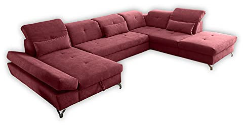 Stella Trading MELFI Wohnlandschaft in U-Form, Stoffbezug Berry - Ausziehbares Sofa mit Schlaffunktion & Bettkasten - 350 x 73 (96) x 245 cm (B/H/T)