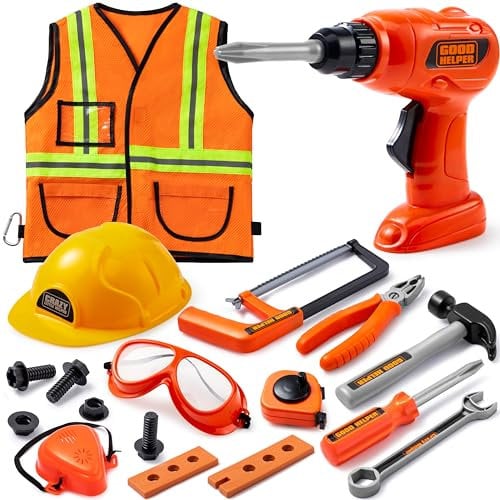 JOYIN Costume de Travailleur de la Construction et Ensemble d'outils de Jeu de Rôle, avec Outils de Construction et Accessoires, Outils de Travail Jouet pour Enfant 3 Ans+