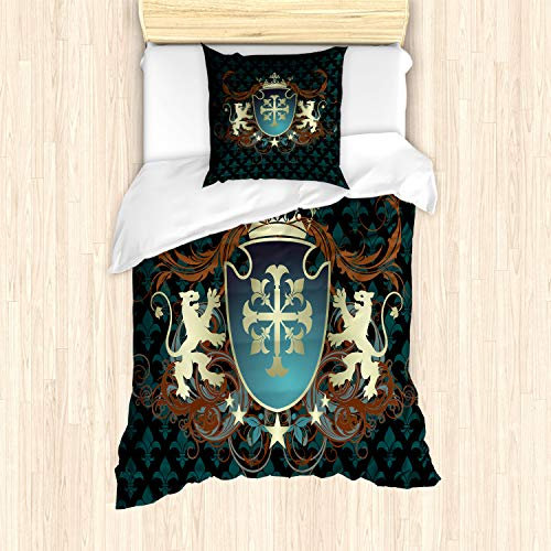 ABAKUHAUS Mittelalterlich Bettbezug Set für Einzelbetten, Mittelalter Wappen, Milbensicher Allergiker geeignet mit Kissenbezug, Teal Schwarz Zimt