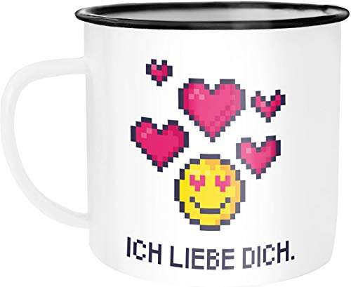 Moonworks® Emaille-Tasse Emaille-Tasse Geschenk Liebe Gamer Zocker Pixel Spruch Ich liebe dich weiß-schwarz Emailletasse