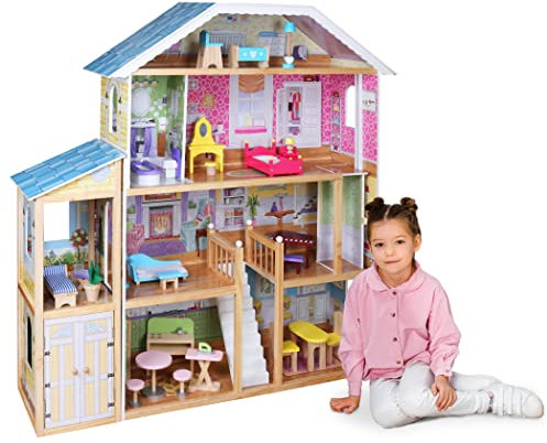 Infantastic® Maison de Poupée en Bois - 132 x 35.5 x 136 cm, 4 Étages, Incluant Meubles et Accessoires (29 Pièces), pour Poupée de 30 cm - Maison de Rêve