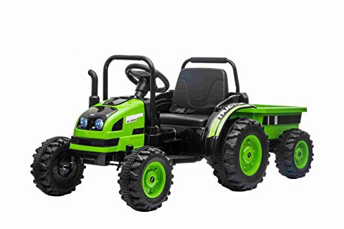 Tracteur électrique Enfants 12V Power Vert, Tracteur Enfants avec remorque, Roues en Plastique, siège Large, Tracteur électrique avec télécommande 2,4 GHz, Lecteur MP3 avec USB, éclairage LED