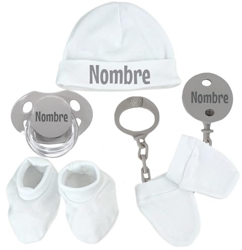 Mababyshop Set Primera Puesta Algodón Personalizado – Gorrito con Nombre, Chupete +0M Personalizado y Pinza Antipérdida, Regalo Original para Recién Nacido