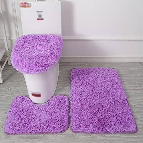 Lifup Badteppich Set 3 Teiliges, rutschfeste Shaggy Badematte, Flauschig Contour Badteppich, Langflor Toilettensitzbezug Violett