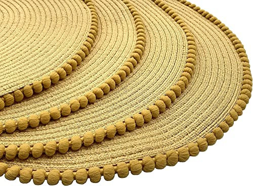 GBS Round Braided Placemats Set Of 4 For Dining Table - Circle Waterproof Washable Table Mats - Non Slip Heat Resistant Vinyl Wipeable Place Mats - 4 Pcs 15 Inches Tableware Essentials - (Ochre)