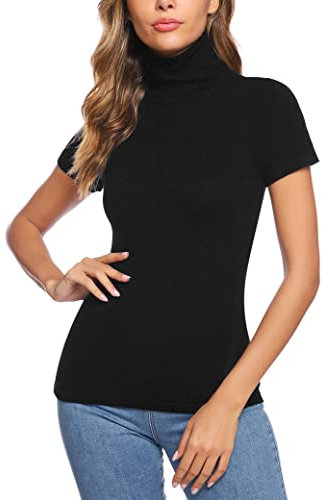 Totatuit Donna Dolcevita a Maniche Corte Maglione Lupetto Elegante Maglietta Collo Alto Slim Fit T Shirt Aderente di Base Pullover Top Tinta Unita Nero M
