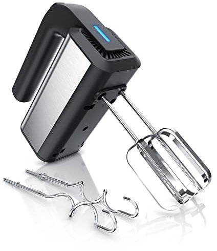 Arendo - Handmixer, Handrührer, 350 Watt, 2 Rührbesen, 2 Edelstahl-Knethaken, spülmaschinengeeignet, 5 Geschwindigkeiten Plus Turbo, schwarz/Silber