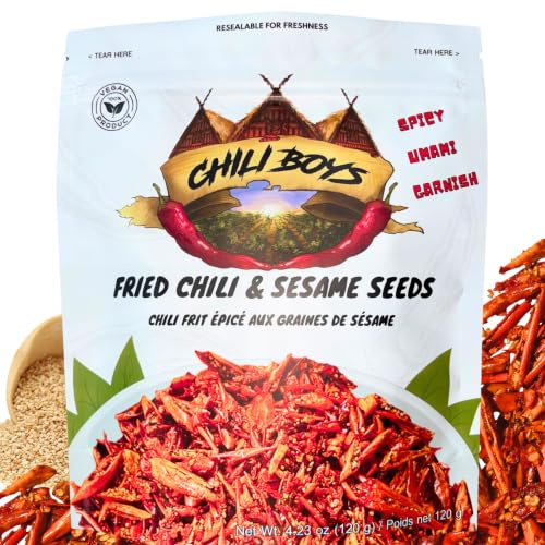 Chili Boys Spicy Crunchy Chili Crisps with Sesame Seeds | Crispy Fried Chili Snack and Food Topper | Vegan | Gourmet Savory Pepper Chips | Ready to Eat | Resealable Bag | 120g