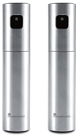 MasterPro Foodies Set de 2 Pulverizadores de Aceite Spray de 100 ml de Capacidad y 4 x 17,5 cm Fabricados en Acero Inoxidable Para Freidora de Aire Resultado Homogéneo, BGKIT-0051
