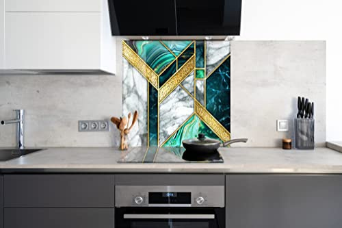 Myphotostation Green Marble Tempered Glass Backsplash 70WX43H'' Abstract Splashback for Kitchen Wall Decor Bathroom Wall Protector Stove Backsplash Panel Tile Glass Splashback Kitchen Wall Decor