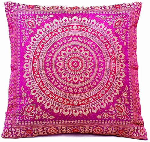Ruwado Handgewebt und Handgefertigt Indische Banarasi Seide Kissenbezug, Überzug, Dekokissen - Mandala Muster mit unsichtbarer Reißverschluss - 40 x 40 cm | 16 x 16 Zoll, Magenta