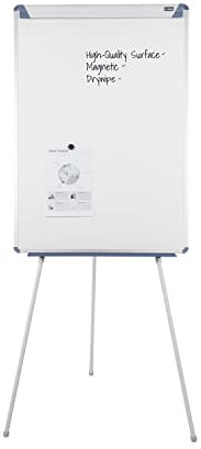 Bi-Joy Lavagna bianca magnetica con cavalletto treppiede, 70 x 100 cm, cornice grigia e blu, con vassoio e clip regolabile per blocchi