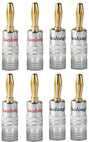 Banana Plugs, Gold Plated 4mm Speaker Connectors Dual-Screw Lock Audio Jack for Speaker Wire, Amplifier, HiFi, Receiver, Type in Red & Black (4 Pairs/8 PCS)