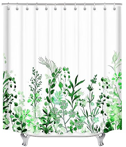 Lerores Rideau de douche 220 x 200 cm - Vert feuilles - Ourlet lesté - Tissu anti-moisissure - Tissu polyester lavable - Avec œillets et 14 anneaux de rideau de douche pour salle de bain, baignoire