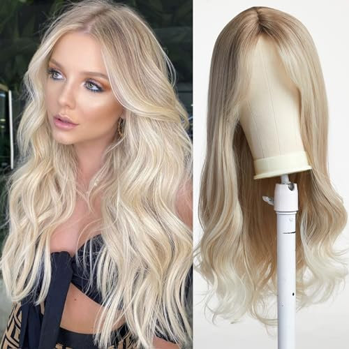 UEVIES Blonde Körperwelle Perücke Haar mit Pony für Frauen Dame Mädchen Mittelteil Lang 26 Zoll Synthetische natürlich aussehende Perücke für die tägliche Halloween-Party