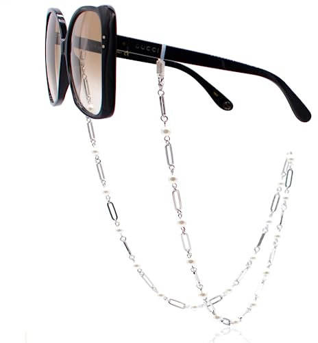 GERNEO® – Mendoza – Premium Brillenkette & Brillenband in vielfältigen Farben aus 18 Karat Gold oder 925er Silber – mit großen, länglichen Gliedern & Perlen (silber) – für Lesebrillen & Sonnenbrillen