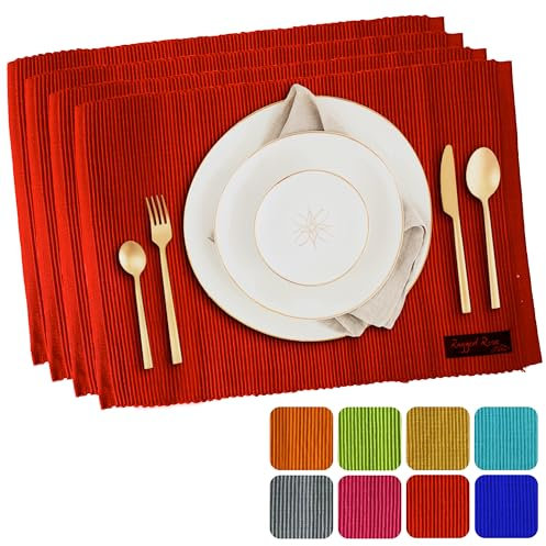Ragged Rose Set of 4 Cotton Placemats - 27x37 cm Gift-Wrapped Table Place Mats - Ribbed Cotton Indoor & Outdoor Placemats for Living Room, Dining Table, & Kitchen