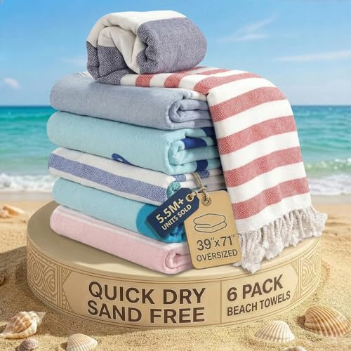 LANE LINEN Oversized Turkish Beach Towels for Women – Set of 6, 39x71 Pre-Washed & Quick Dry Travel Towels, Lightweight, Sand-Free & No-Shrink Beach Bath Towels, Sky Blue