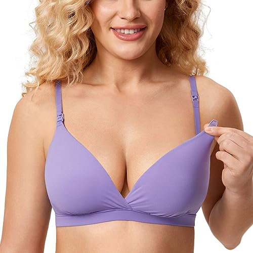 MOMANDA Damen Still BH Ohne Bügel Soft Seamless Bralette Tiefer Ausschnitt Schwangerschafts Schlaf BHS Seerose Lila M