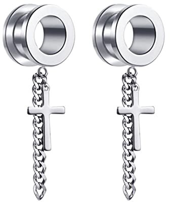 Epinki Schmuck 22mm Tunnel Ohrring 2Pcs, Edelstahl Tunnel Dehner Kreuz Anhänger Silber Ohrringe Mädchen Rock für Unisex