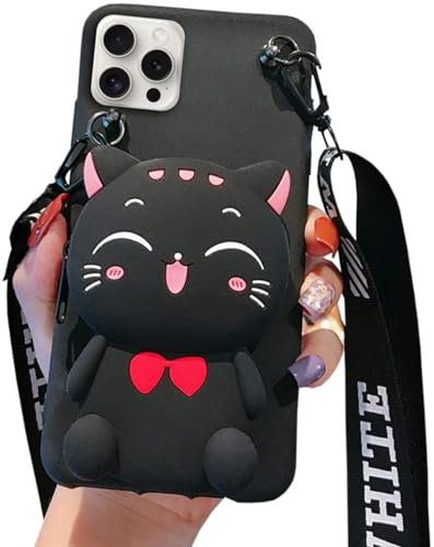 SGVAHY Wallet Case for iPhone 15 Pro Max with Strap Lanyard Cute Cat Black Coin Purse Funny Phone Case Kawaii Soft Silicone Shockproof Cover for Women Girls