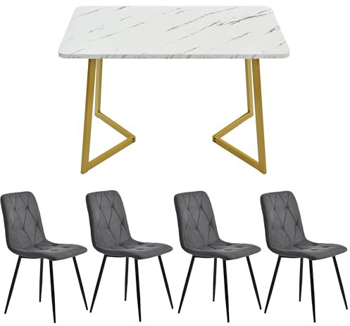 KUAKE Essgruppe,117×68cm Esstisch mit 4 Stühlen, Rechteckiger Esstisch Moderner Küchentisch Set,Esszimmerstuhl Twill Leinentuch Küchenstuhl, Golden Tischbeine (Leinentuch grau)