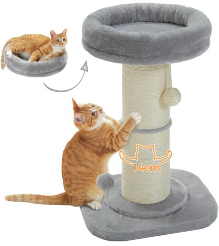 PAWZ Road Katzenkratzbaum, Hoher Kratzbaum für Indoor-Katzen mit Super Dickem Kratzbaum [Dia=14cm], Abnehmbares Flauschiges Katzenbett, Katzenkratzbaum mit Federball, Grau