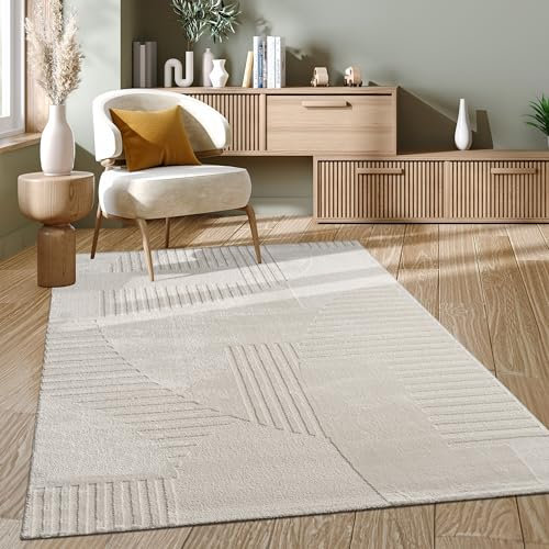 Paco Home Teppich Wohnzimmer Schlafzimmer moderner Kurzflor Abstrakte Organische Designs Geometrisch 3D Effekt hochwertig weich Creme, Grösse:80x150 cm, Farbe:Creme 3