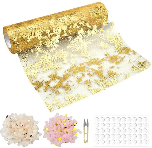 posionks Ruban De Table Métallisé 29 cm x 18 m Chemin De Table Filet avec Feuille d'or Ruban De Table Métallisé Décoration pour Fête Anniversaire, Mariage, DIY, Emballage