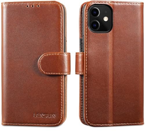 LENSUN Echtleder Hülle für iPhone 12 Mini, Handyhülle [Echtes Leder][Magnetverschluss][Standfunktion] Handytasche Lederhülle Schutzhülle für iPhone 12 Mini - Dunkelbraun