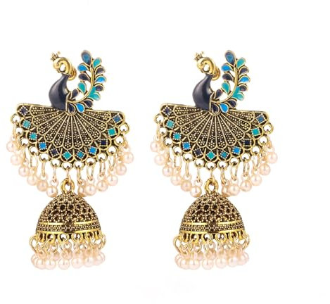 Perle Jhumka Bell Perlen Pfau Indianer Ohrstecker groß baumelnde Ohrringe für Frauen Mädchen Mode Bohemian Vintage Tier Ohrstecker übertreiben Einzigartig baumeln traditioneller Schmuck Party