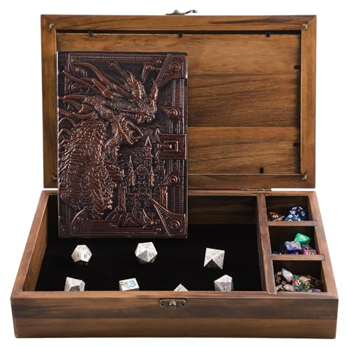 Caja de dados 2 en 1, caja de dados de metal, caja de madera con cuaderno DND para rodar y organizar juegos de mesa, bandeja de dados para jugadores de mazmorras y dragones o estuche de metal