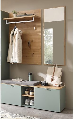 Lomadox Garderobe Flurgarderobe modern Garderobenbank mit Sitzpolster Wandgarderobe Spiegel grün matt Eiche