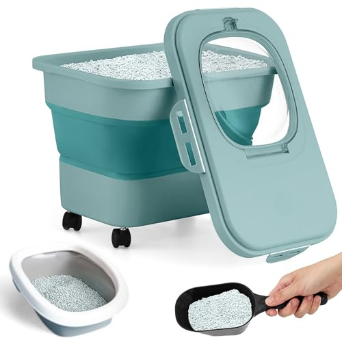 Juexica Collapsible Cat Litter Storage Bin Container with Rolling Casters, 20 Lbs Portable Cat Litter Storage Container with Airtight Lids, Shovel, Kitchen Cereal Rice Leakproof Sealable(Green)
