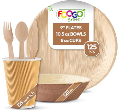FOOGO Green 750pc Disposable Palm Leaf Plates and Bowls, Cups and Wooden Cutlery Set, FSC® Certified, Large Plates, Bowls, Cups, Forks, Knives, Spoons, Eco-Friendly