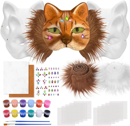 Dreamtop 21 Stück Therian Katzenmaske Mask inklusive Blanker Katzenmaske, Filzstofffolie, Plüsch Kunstfellaugen, Kunststoffnetzfolie, Diamantaufkleber, Pinsel und 12 FarbenAnzug für Cosplay