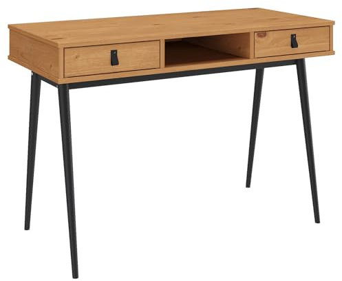 IDIMEX Schreibtisch Kim mit 2 Schubladen aus Massivholz, eichefarben/schwarz - Home-Office Tisch mit offenem Fach, Bürotisch mit 2 Schubladen und Ledergriffen