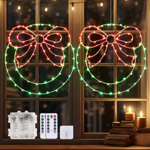 2 Packs-170 LED Christmas Window Lights, 8 Modes Hanging Christmas Lights with Remote Control & Timer Battery Operated Xmas Window Lights Wreath-Shaped Decoration Fairy Light for Wall Home Party