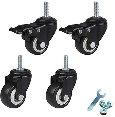 SZITW Lenkrollen, Ersatzrollen für Trolleymöbel, drehbar, robuste Doppel-Lenkrollen aus Polyurethan, Gewindestifte M12 x 30 mm, 4er-Set/Bremse + Universal/60 mm/2,4 Zoll