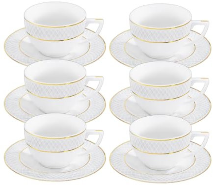 Wilmax - Tasses avec soucoupes - Motif doré - Lot de 6-90 ml - Tasses à café en porcelaine - Blanc - Service de table pour 6 personnes - Set de tasses pour café, thé, desserts