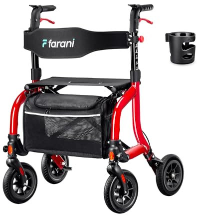 Farani Rollator für alle Gelände mit Sitz, leicht, kompakt, faltbar, Rollator für Senioren, 20,3 cm große Gummiräder, verstellbarer Aluminiumrahmen mit Bremsen, Getränkehalter, Allround-Design
