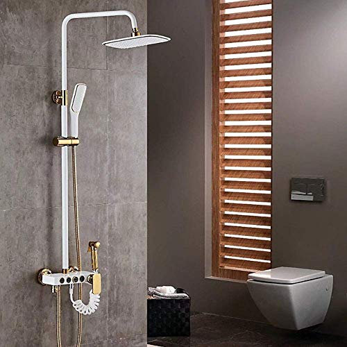 YHJZSM 4 Features Four Row Push Button Shower Set All Copper White Gold Paint Stainless Steel Shower Faucet Set, Luxury Shower Set
