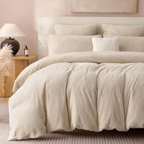 Freyamy Plüsch Bettwäsche 135x200 4teilig Beige Nicky Teddy Fleece Warme Winterbettwäsche Flanell Cashmere Touch Flauschig Deckenbezug 2 Bettbezug mit Reißverschluss und 2 Kissenbezug 80x80cm